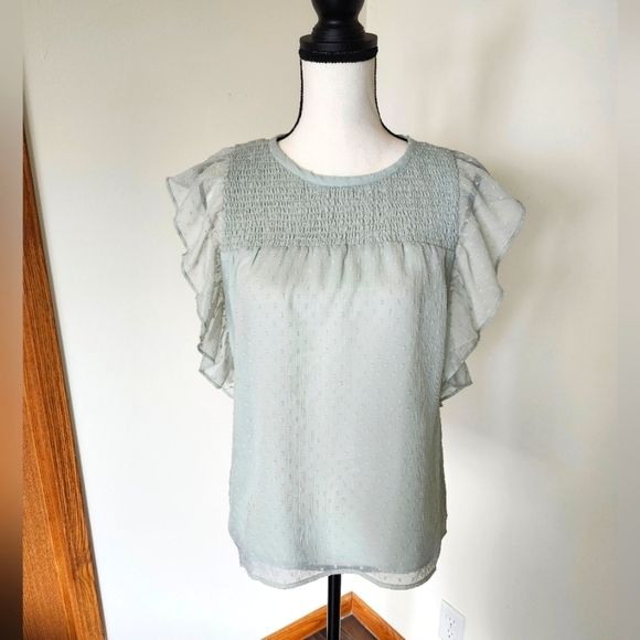 Loft Swiss Dot Ruffle Sleeved Shirt - Picture 1 of 4